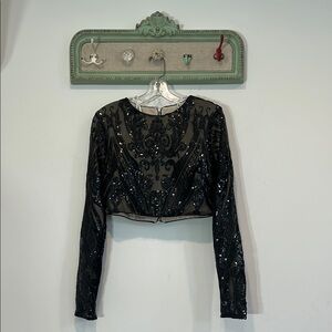 Lulus Stunning Black Sequin Long Sleeve Crop Special Event Top women’s large L